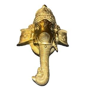 BRASS GANESHA ELEPHANT HEAD LORD GANESH FACE WALL HANGING DECORATION - 9" tall